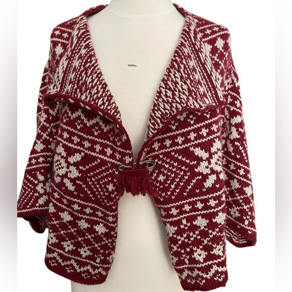 Cabi Wool Blend Cape Cardigan Fair Isle Pattern Red SZ M - Picture 1 of 5